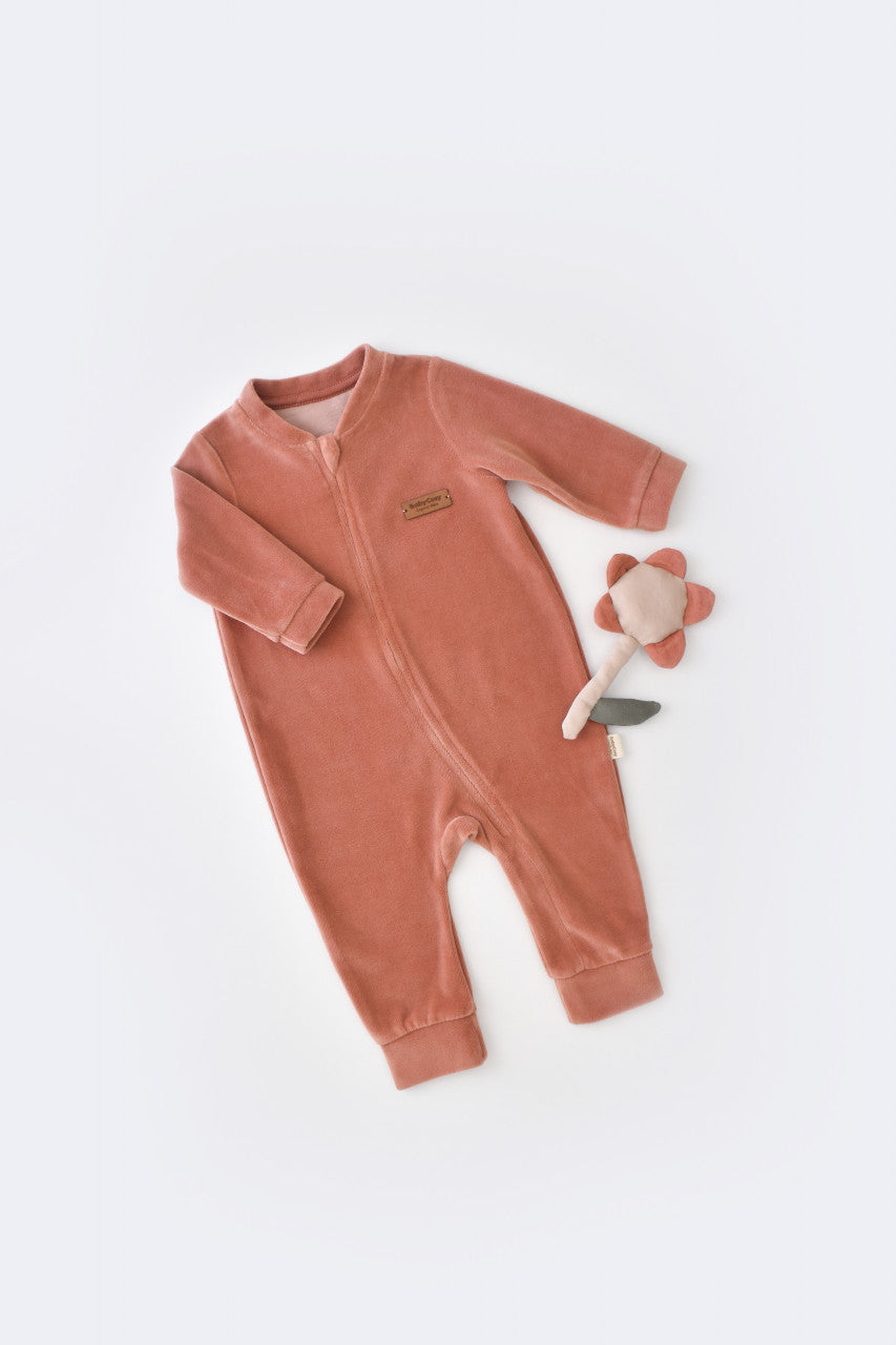 Salopeta cu maneca lunga si fermoar din 80%bumbac organic si 20% poliester - Caramiziu, BabyCosy