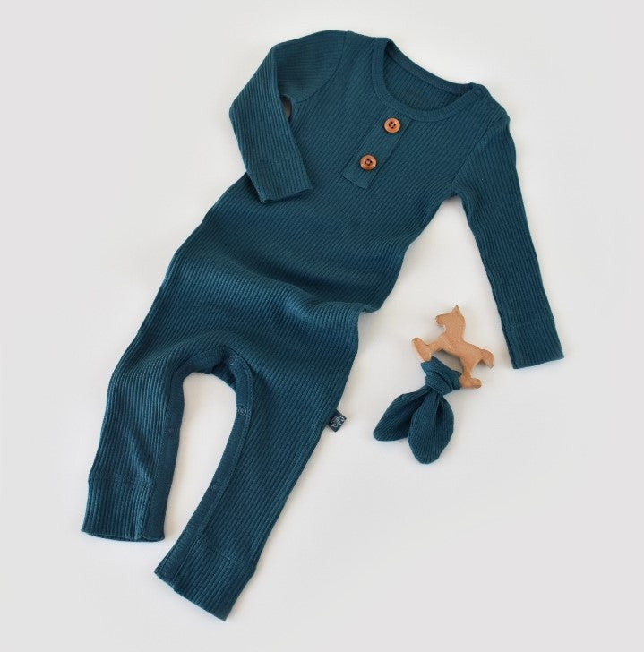 Salopeta cu maneca lunga si pantaloni lungi din bumbac organic si modal - Bleumarin BabyCosy