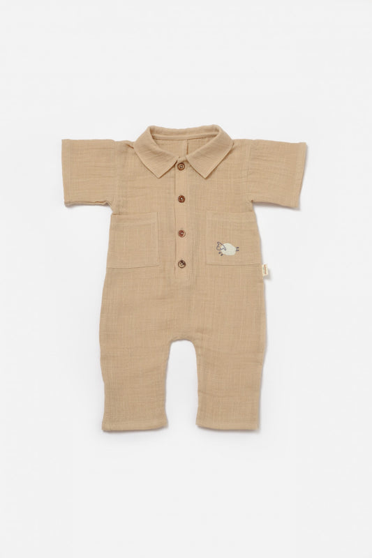 Salopeta cu maneca scurta si nasturei Sheep, 100% bumbac - Apricot, BabyCosy - Salopeta