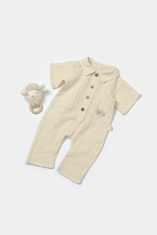 Salopeta cu maneca scurta si nasturei Sheep, 100% bumbac - Stone, BabyCosy