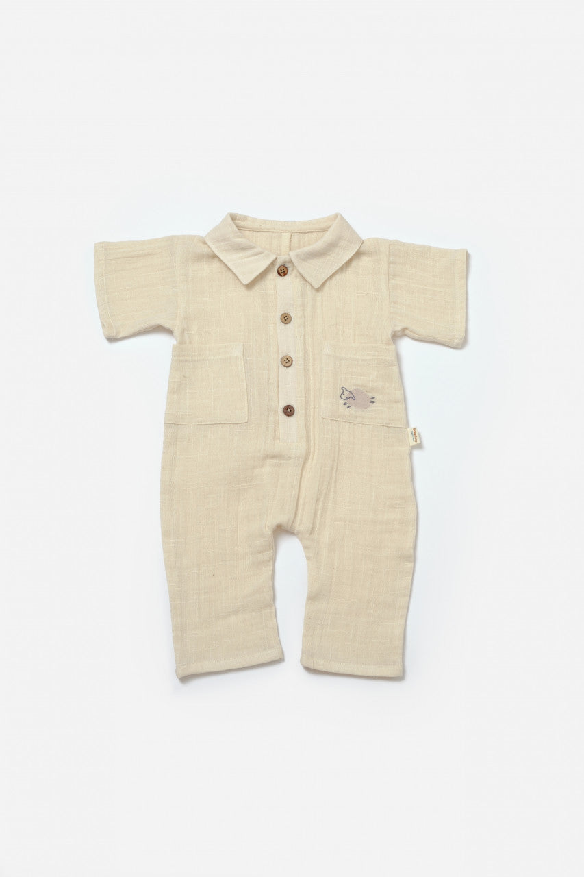 Salopeta cu maneca scurta si nasturei Sheep, 100% bumbac - Stone, BabyCosy