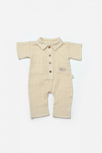 Salopeta cu maneca scurta si nasturei Sheep, 100% bumbac - Stone, BabyCosy