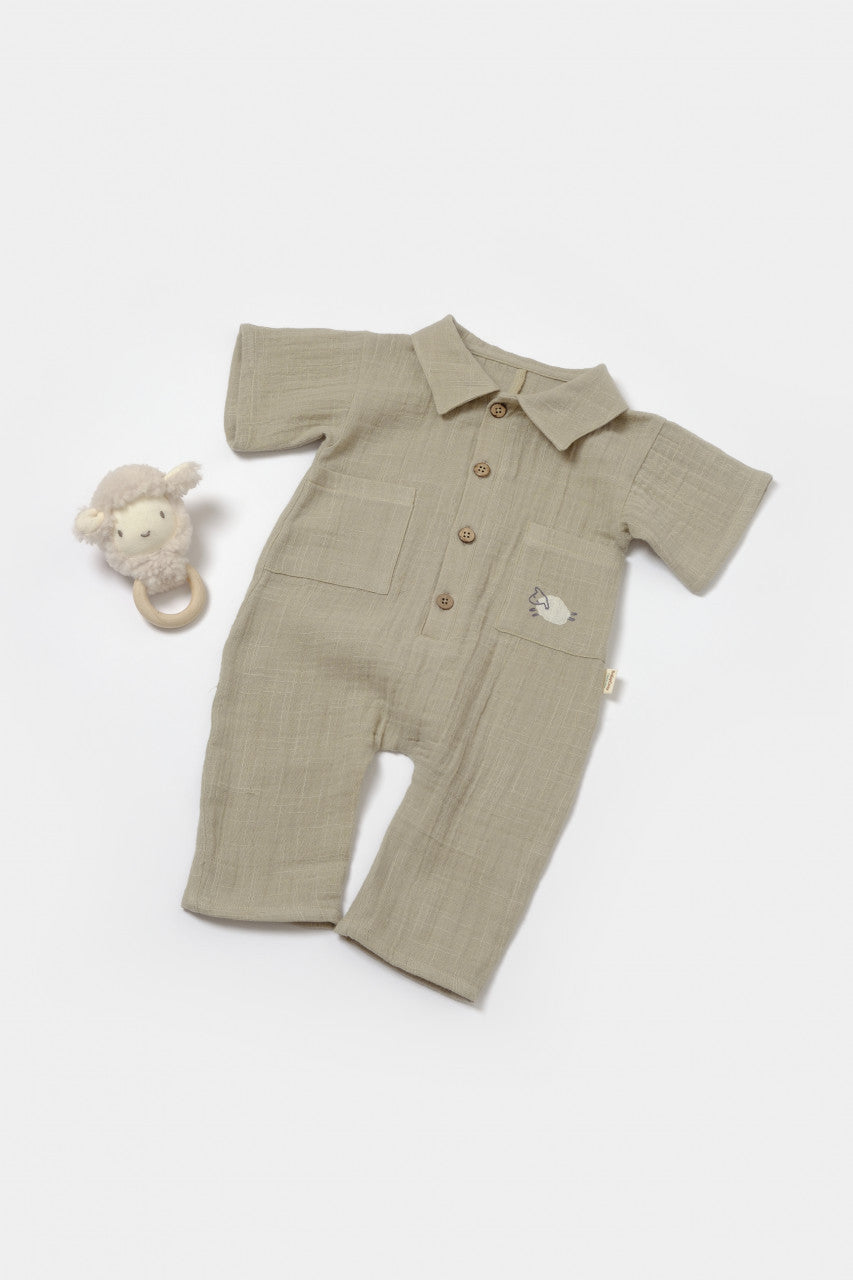 Salopeta cu maneca scurta si nasturei Sheep, 100% bumbac - Verde, BabyCosy