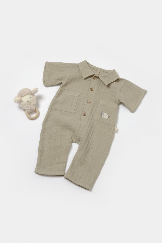 Salopeta cu maneca scurta si nasturei Sheep, 100% bumbac - Verde, BabyCosy