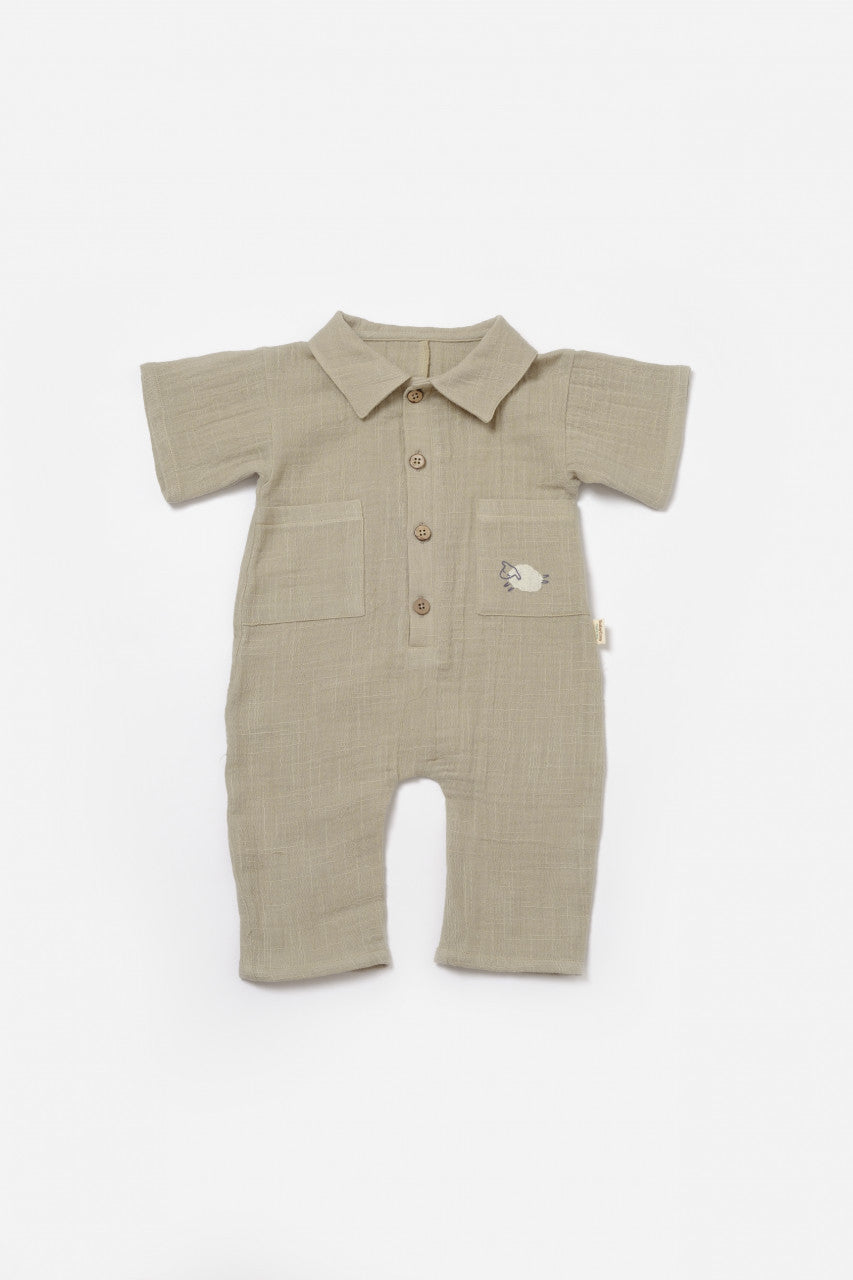 Salopeta cu maneca scurta si nasturei Sheep, 100% bumbac - Verde, BabyCosy