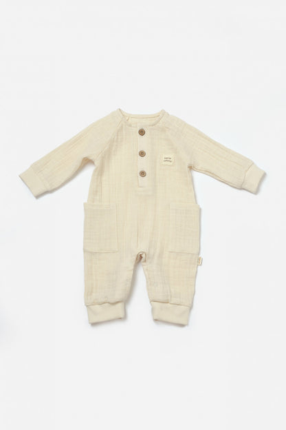 Salopeta cu nasturei, Winter muselin, 100% bumbac - Stone, BabyCosy