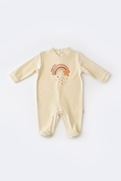 Salopeta Curcubeu cu maneca lunga si botosei din 80%bumbac organic si 20% poliester - Crem, BabyCosy