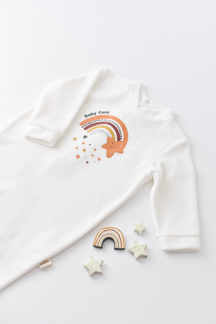 Salopeta Curcubeu cu maneca lunga si botosei din 80%bumbac organic si 20% poliester - Ecru, BabyCosy