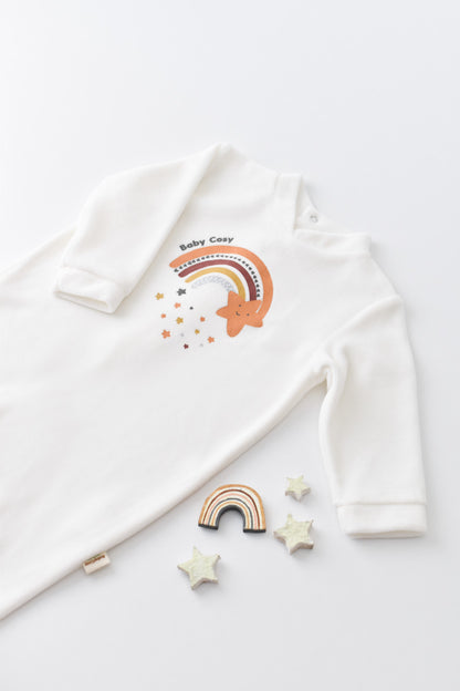 Salopeta Curcubeu cu maneca lunga si botosei din 80%bumbac organic si 20% poliester - Ecru, BabyCosy