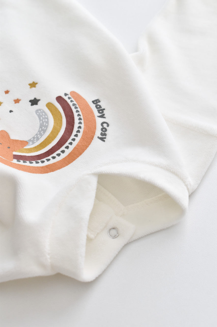 Salopeta Curcubeu cu maneca lunga si botosei din 80%bumbac organic si 20% poliester - Ecru, BabyCosy