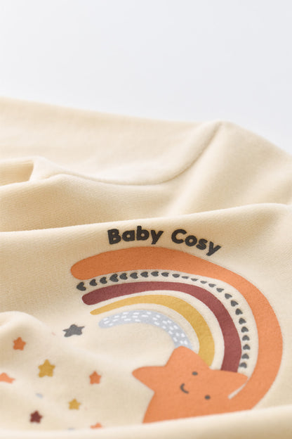 Salopeta Curcubeu cu maneca lunga si botosei din 80%bumbac organic si 20% poliester - Crem, BabyCosy