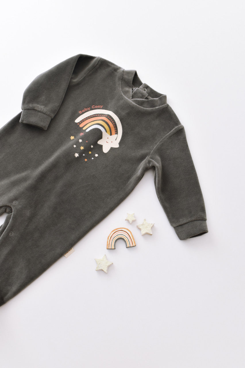 Salopeta Curcubeu cu maneca lunga si botosei din 80%bumbac organic si 20% poliester - Antracit, BabyCosy