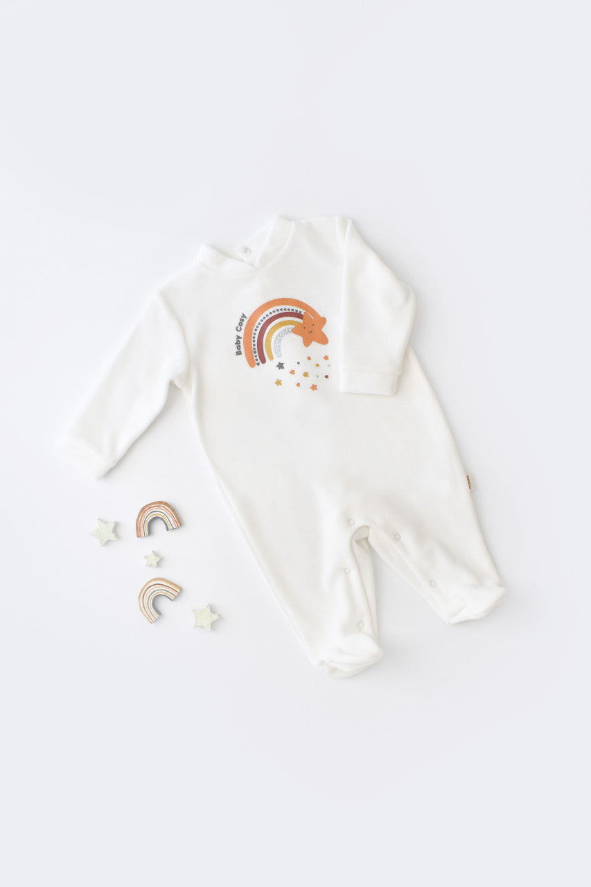 Salopeta Curcubeu cu maneca lunga si botosei din 80%bumbac organic si 20% poliester - Ecru, BabyCosy
