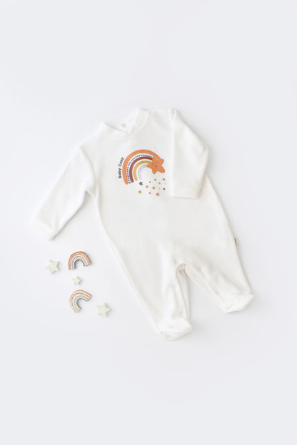 Salopeta Curcubeu cu maneca lunga si botosei din 80%bumbac organic si 20% poliester - Ecru, BabyCosy