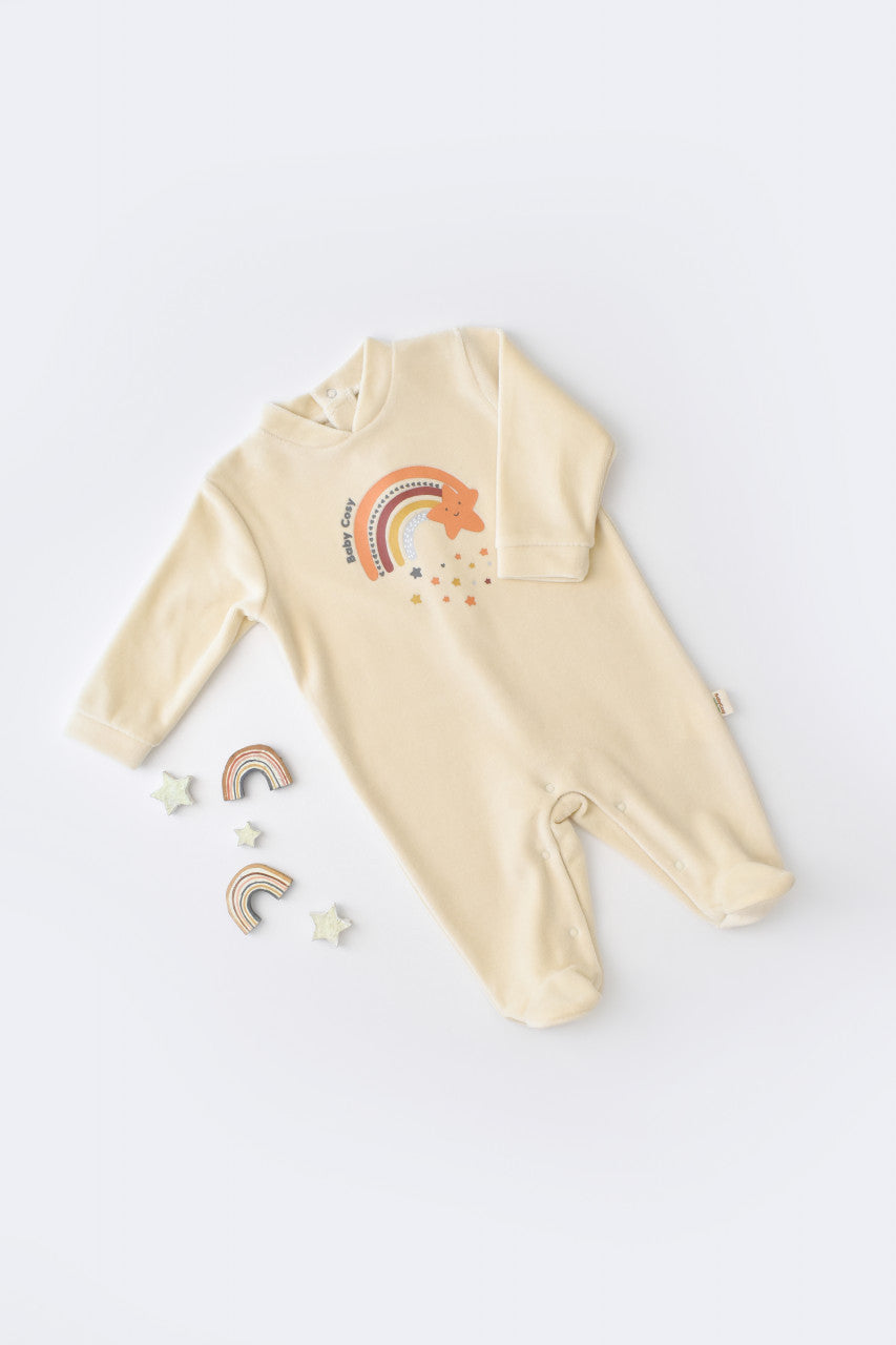 Salopeta Curcubeu cu maneca lunga si botosei din 80%bumbac organic si 20% poliester - Crem, BabyCosy