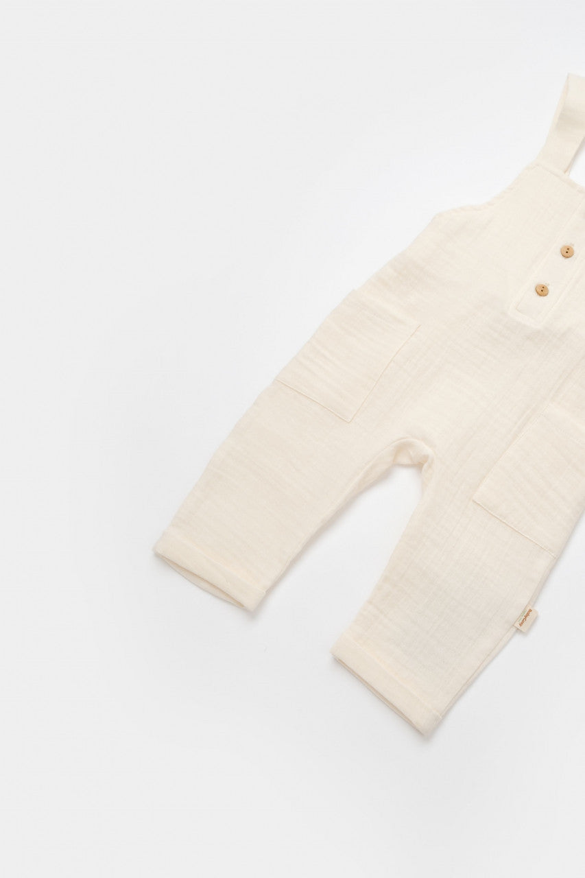 Salopeta de vara cu buzunare din muselina, BabyCosy, 100% bumbac organic, ecru