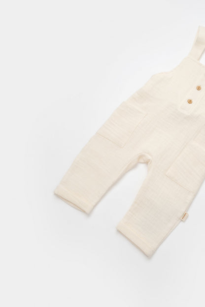 Salopeta de vara cu buzunare din muselina, BabyCosy, 100% bumbac organic, ecru