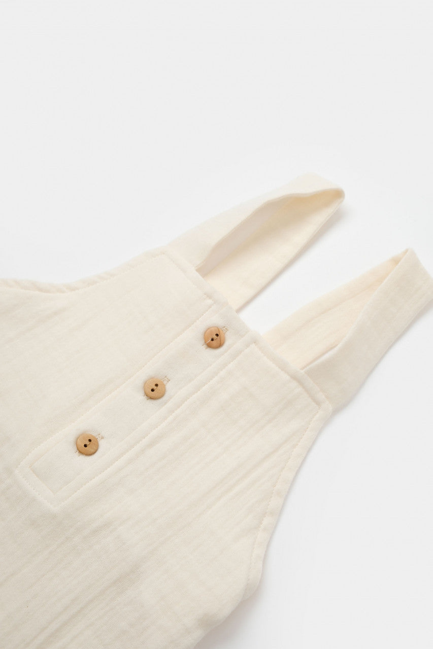 Salopeta de vara cu buzunare din muselina, BabyCosy, 100% bumbac organic, ecru