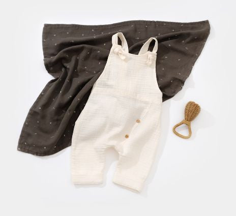 Salopeta de vara cu pantaloni lungi din muselina, BabyCosy, 100%bumbac, ecru