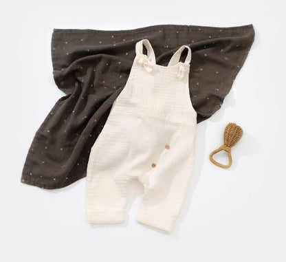 Salopeta de vara cu pantaloni lungi din muselina, BabyCosy, 100%bumbac, ecru