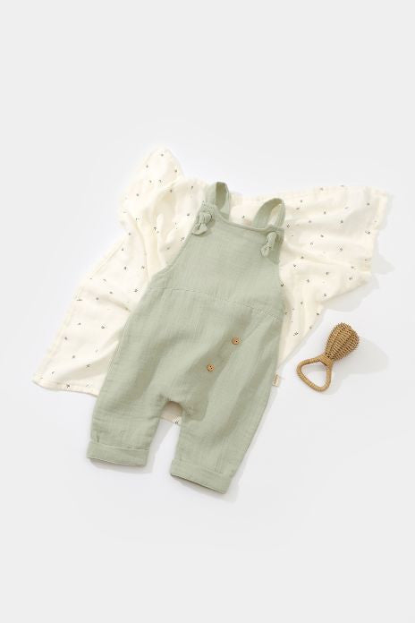Salopeta de vara cu pantaloni lungi din muselina, BabyCosy, 100% bumbac organic, verde