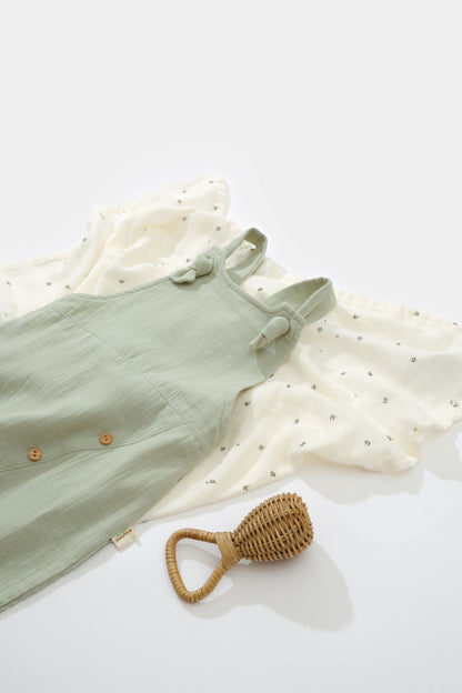 Salopeta de vara cu pantaloni lungi din muselina, BabyCosy, 100% bumbac organic, verde