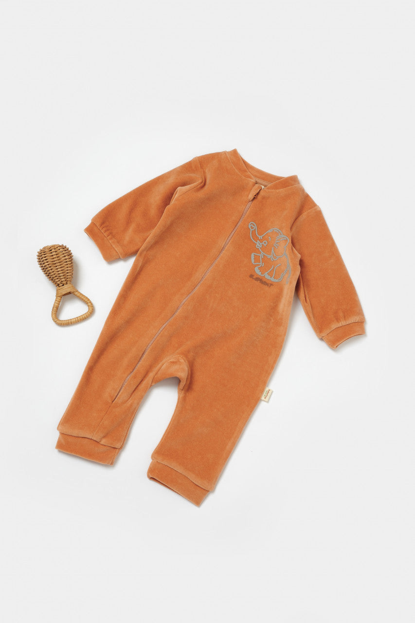 Salopeta Elefant cu maneca lunga din 80%bumbac organic si 20% poliester - Caramiziu, BabyCosy