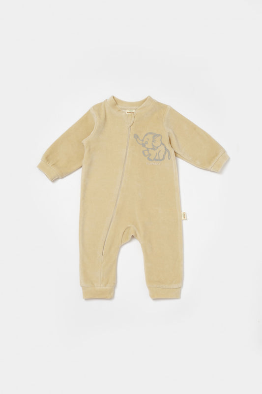 Salopeta Elefant cu maneca lunga din 80%bumbac organic si 20% poliester - Stone, BabyCosy - Salopeta
