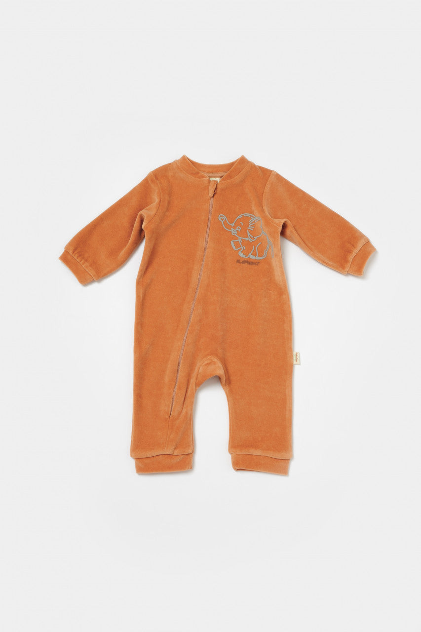 Salopeta Elefant cu maneca lunga din 80%bumbac organic si 20% poliester - Caramiziu, BabyCosy