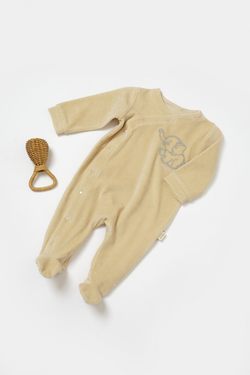 Salopeta Elefant cu maneca lunga si botosei din 80%bumbac organic si 20% poliester - Stone, BabyCosy