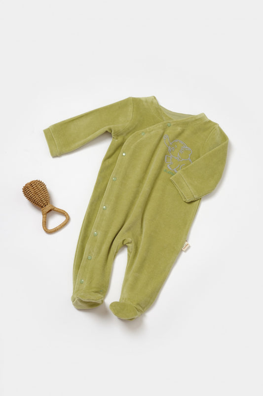 Salopeta Elefant cu maneca lunga si botosei din 80%bumbac organic si 20% poliester - Verde, BabyCosy
