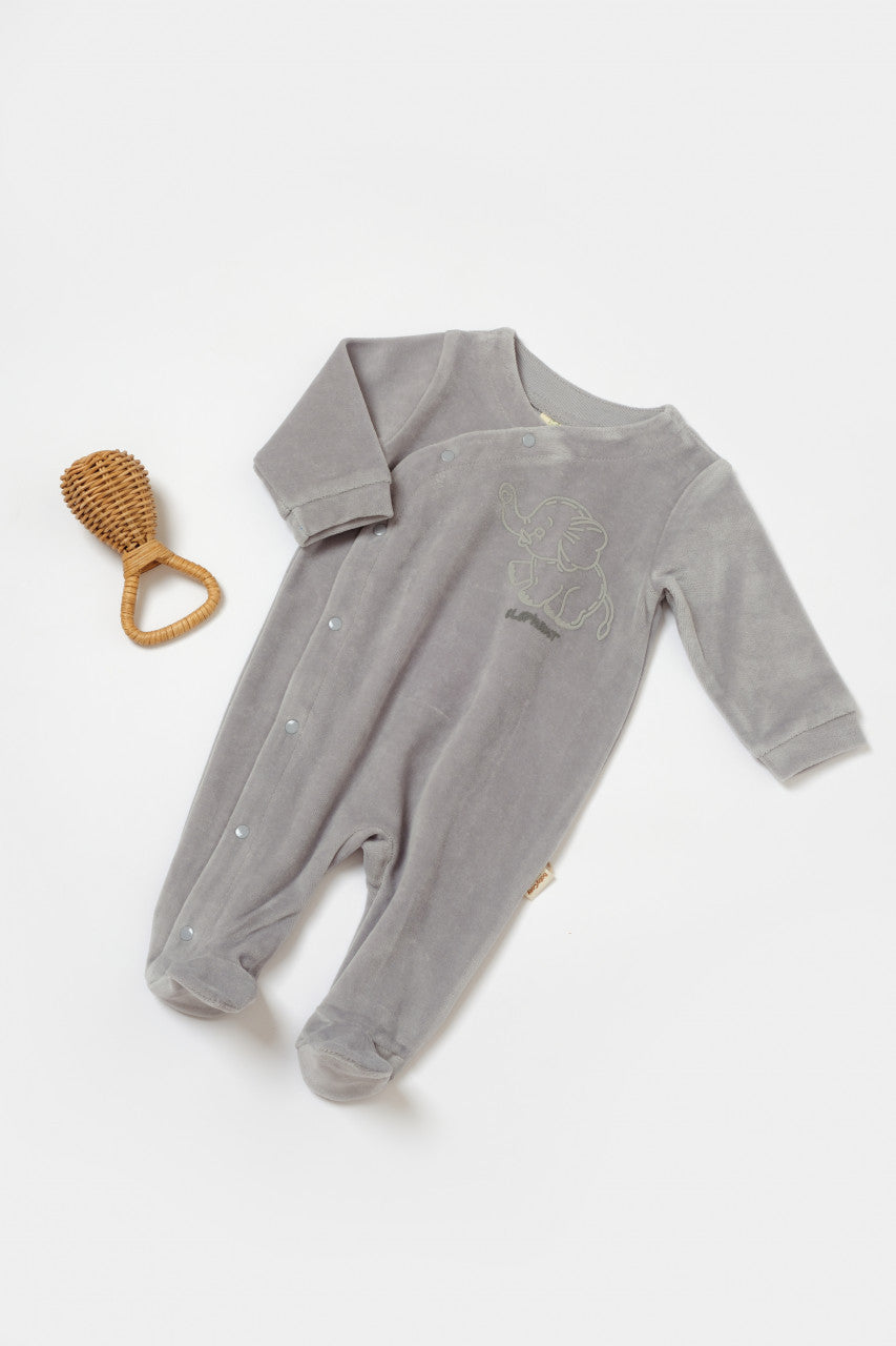 Salopeta Elefant cu maneca lunga si botosei din 80%bumbac organic si 20% poliester - Gri, BabyCosy