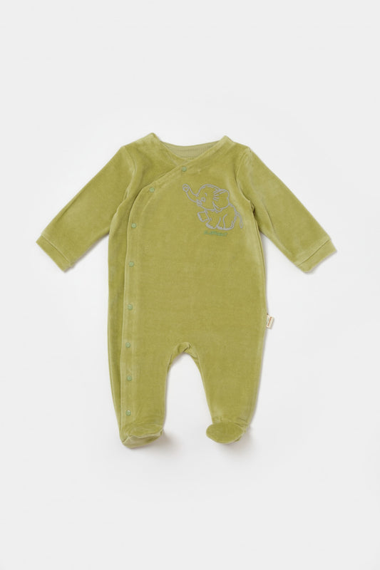 Salopeta Elefant cu maneca lunga si botosei din 80%bumbac organic si 20% poliester - Verde, BabyCosy - Salopeta