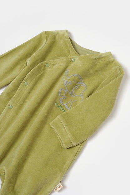 Salopeta Elefant cu maneca lunga si botosei din 80%bumbac organic si 20% poliester - Verde, BabyCosy