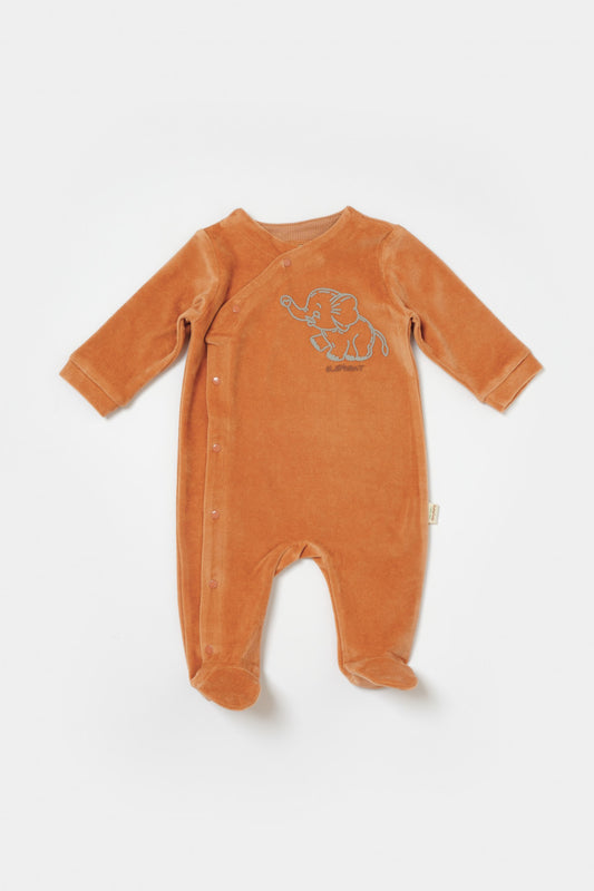 Salopeta Elefant cu maneca lunga si botosei din 80%bumbac organic si 20% poliester - Caramiziu, BabyCosy - Salopeta