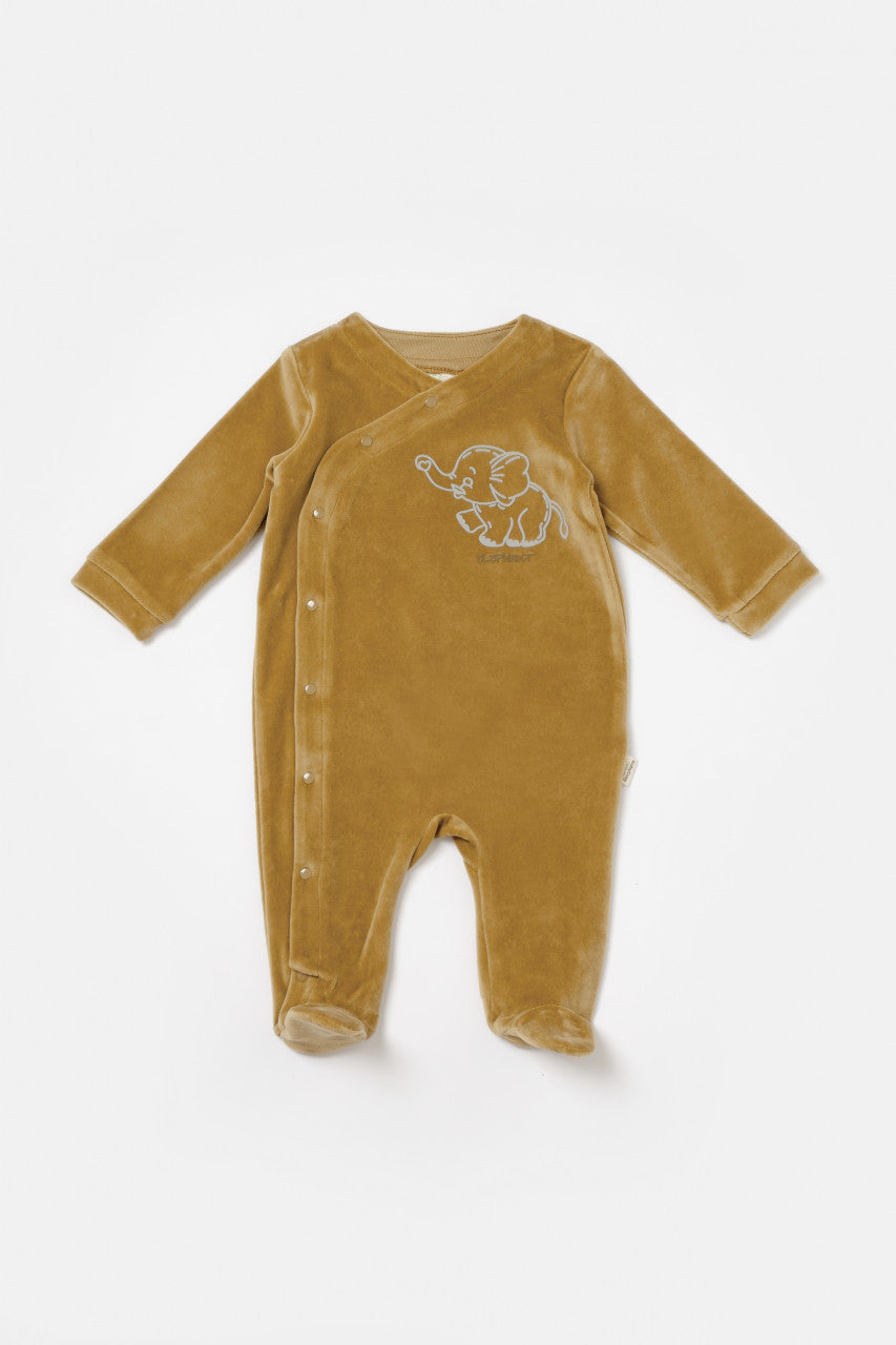 Salopeta Elefant cu maneca lunga si botosei din 80%bumbac organic si 20% poliester - Mustar, BabyCosy