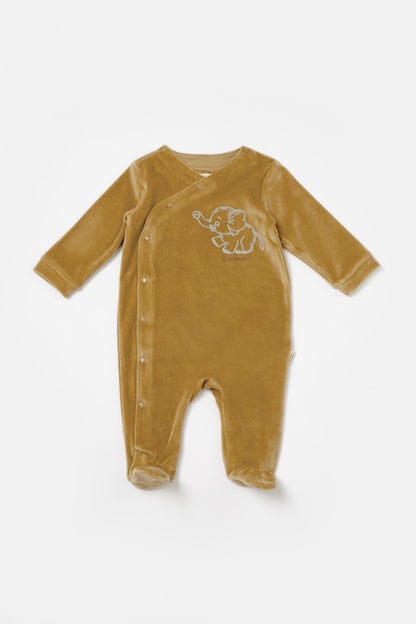 Salopeta Elefant cu maneca lunga si botosei din 80%bumbac organic si 20% poliester - Mustar, BabyCosy
