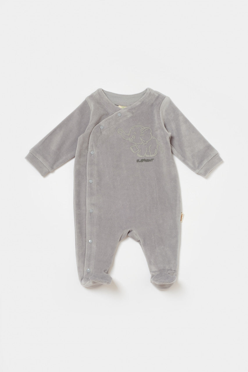 Salopeta Elefant cu maneca lunga si botosei din 80%bumbac organic si 20% poliester - Gri, BabyCosy