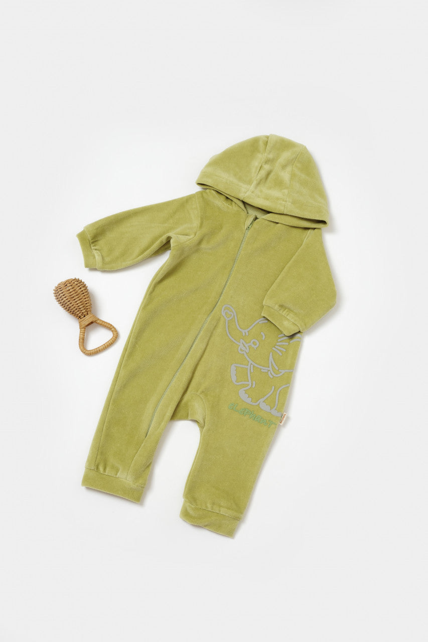 Salopeta Elefant cu maneca lunga si gluga din 80%bumbac organic si 20% poliester - Verde, BabyCosy