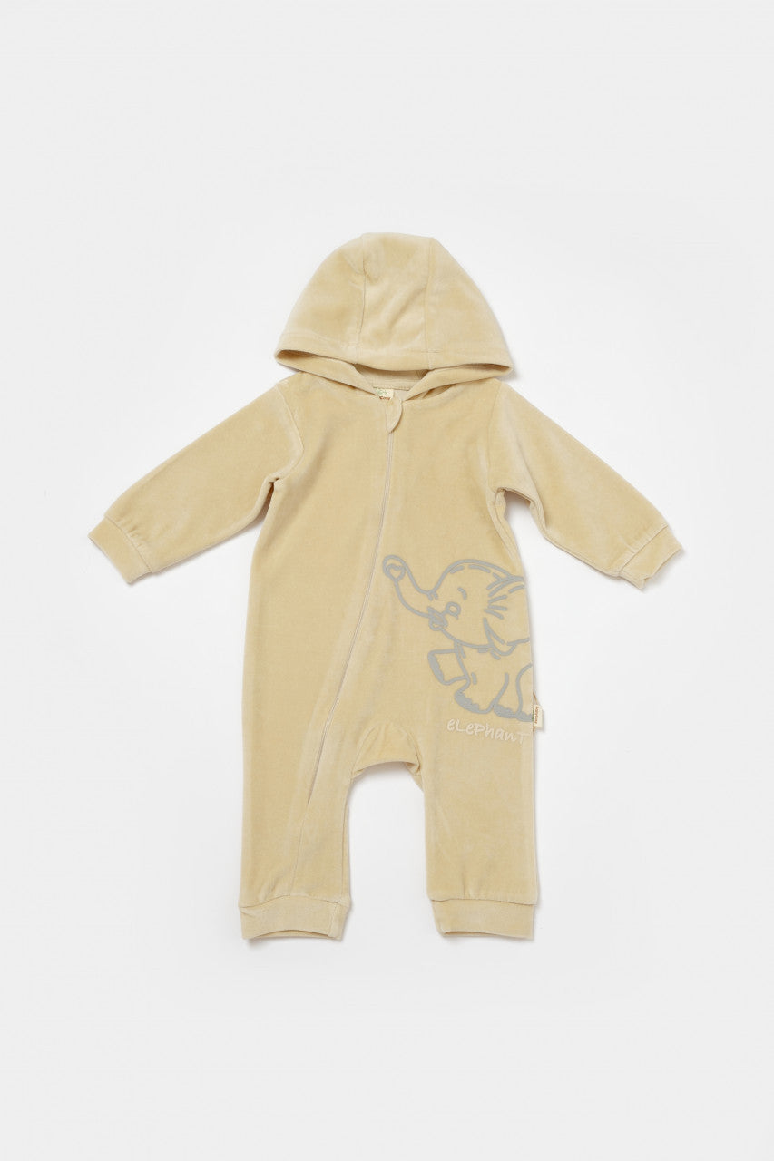 Salopeta Elefant cu maneca lunga si gluga din 80%bumbac organic si 20% poliester - Stone, BabyCosy