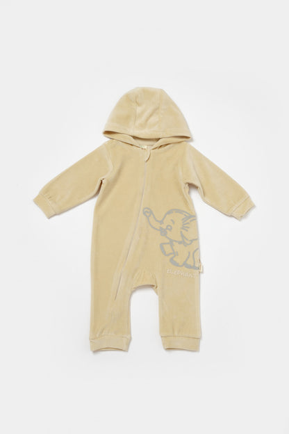 Salopeta Elefant cu maneca lunga si gluga din 80%bumbac organic si 20% poliester - Stone, BabyCosy