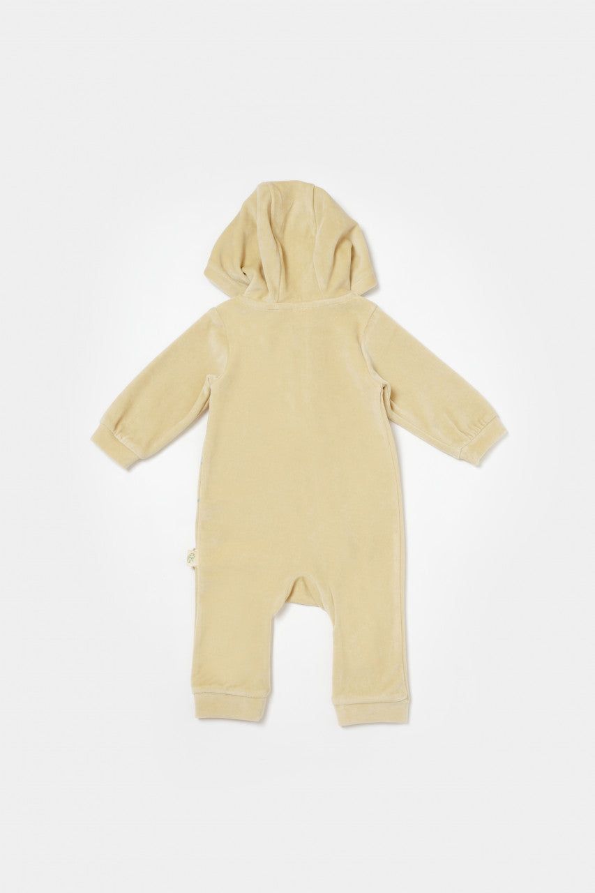 Salopeta Elefant cu maneca lunga si gluga din 80%bumbac organic si 20% poliester - Stone, BabyCosy