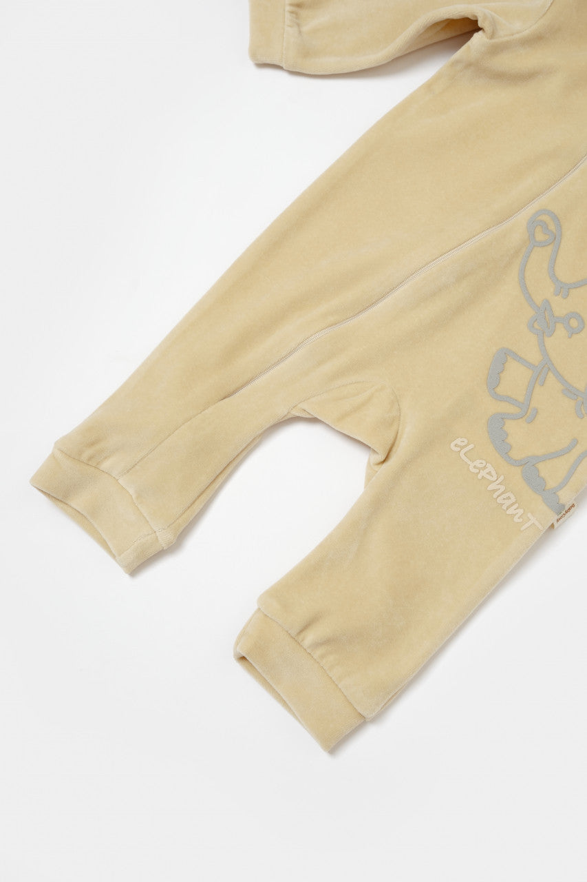 Salopeta Elefant cu maneca lunga si gluga din 80%bumbac organic si 20% poliester - Stone, BabyCosy