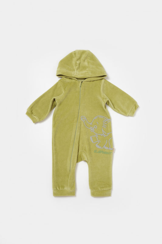 Salopeta Elefant cu maneca lunga si gluga din 80%bumbac organic si 20% poliester - Verde, BabyCosy - Salopeta