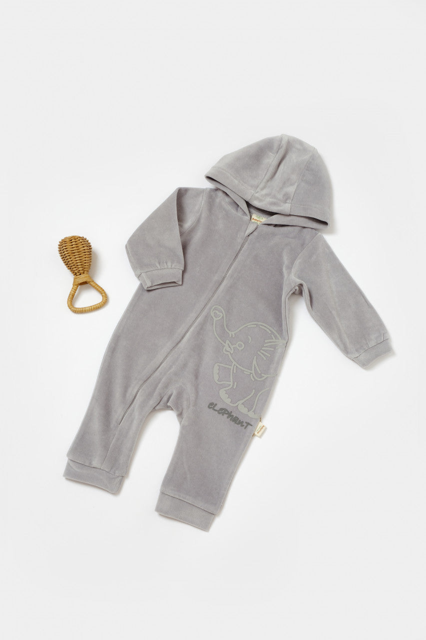 Salopeta Elefant cu maneca lunga si gluga din 80%bumbac organic si 20% poliester - Gri, BabyCosy