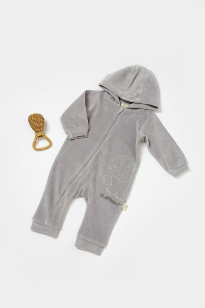 Salopeta Elefant cu maneca lunga si gluga din 80%bumbac organic si 20% poliester - Gri, BabyCosy