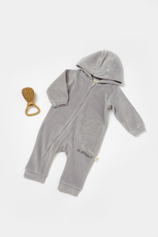 Salopeta Elefant cu maneca lunga si gluga din 80%bumbac organic si 20% poliester - Gri, BabyCosy