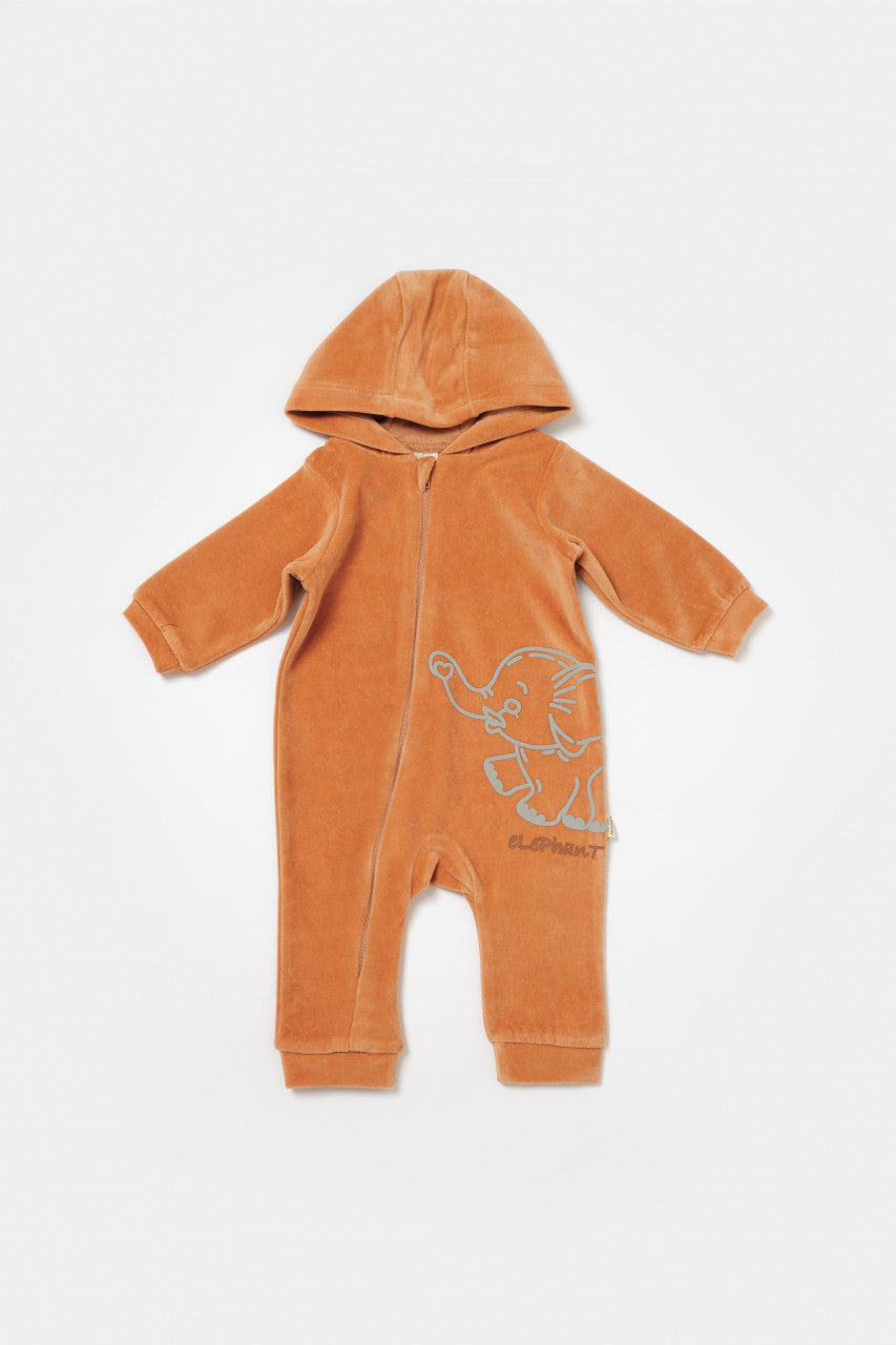 Salopeta Elefant cu maneca lunga si gluga din 80%bumbac organic si 20% poliester - Caramiziu, BabyCosy