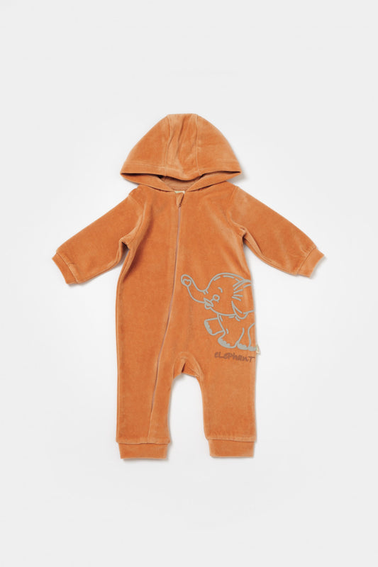 Salopeta Elefant cu maneca lunga si gluga din 80%bumbac organic si 20% poliester - Caramiziu, BabyCosy - Salopeta
