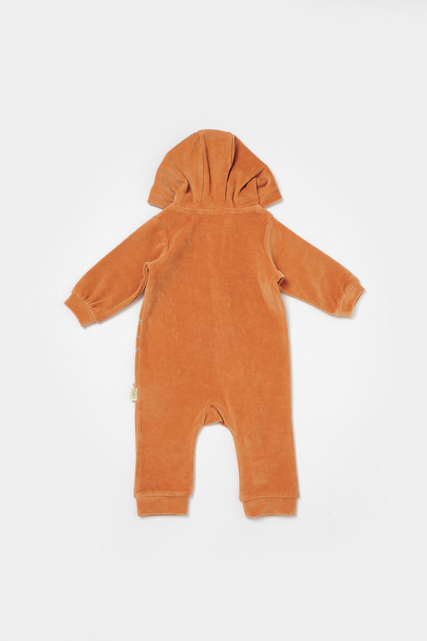 Salopeta Elefant cu maneca lunga si gluga din 80%bumbac organic si 20% poliester - Caramiziu, BabyCosy